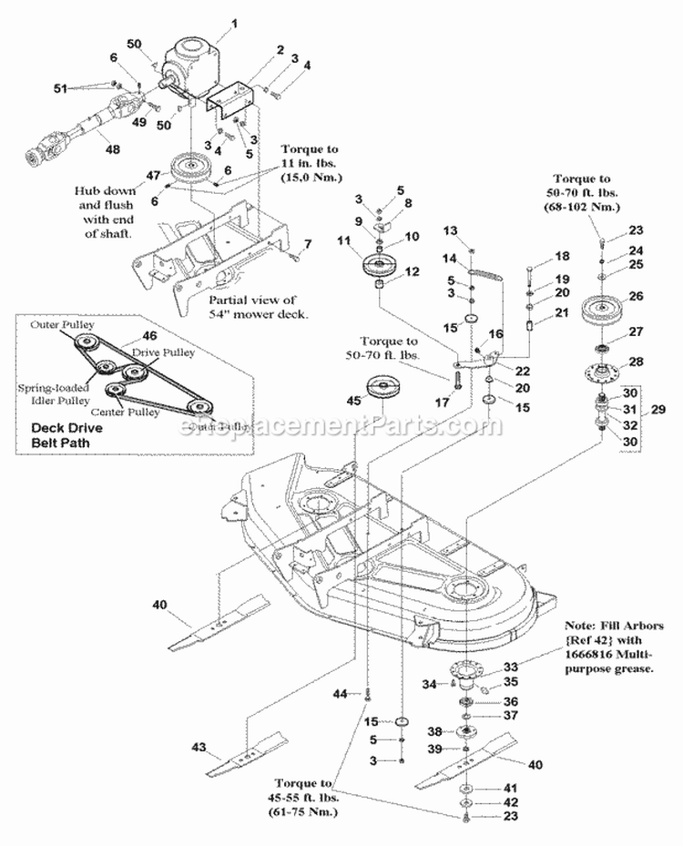 54 Mower Deck - Drive Belt Arbor  Blade Group (985631) Diagram and Parts List for 1693663  Simplicity Lawn Tractor