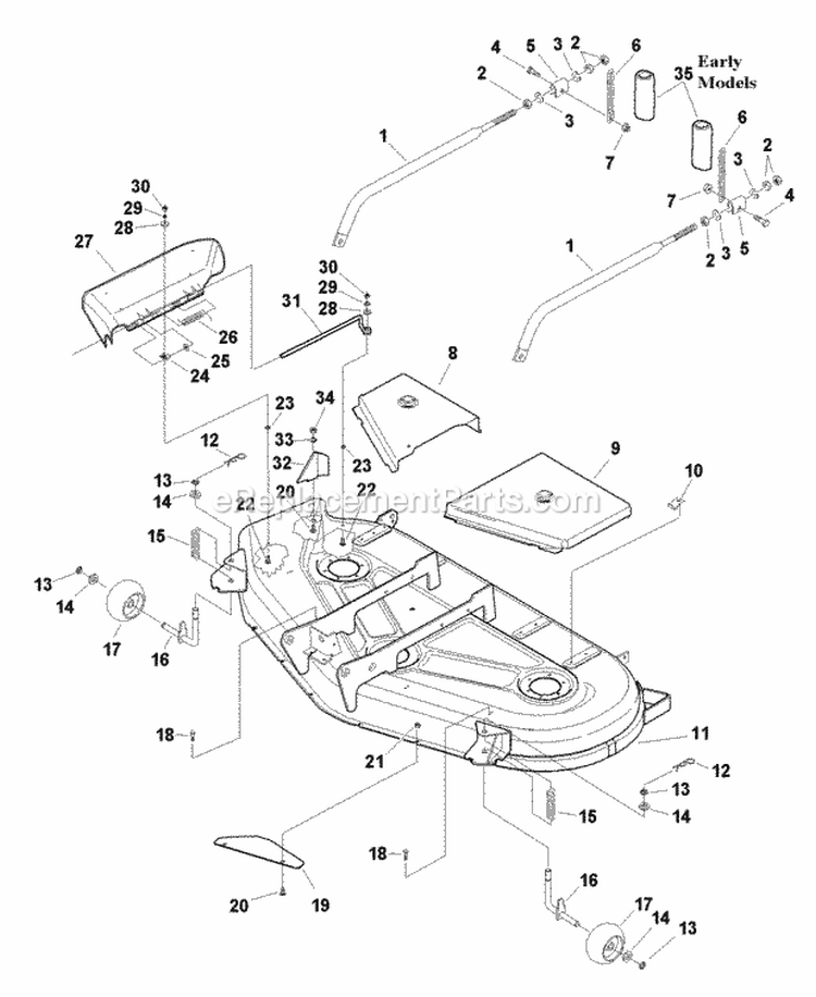 54 Mower Deck - Housing Cover  Gauge Wheel Group (985628) Diagram and Parts List for 1693663  Simplicity Lawn Tractor