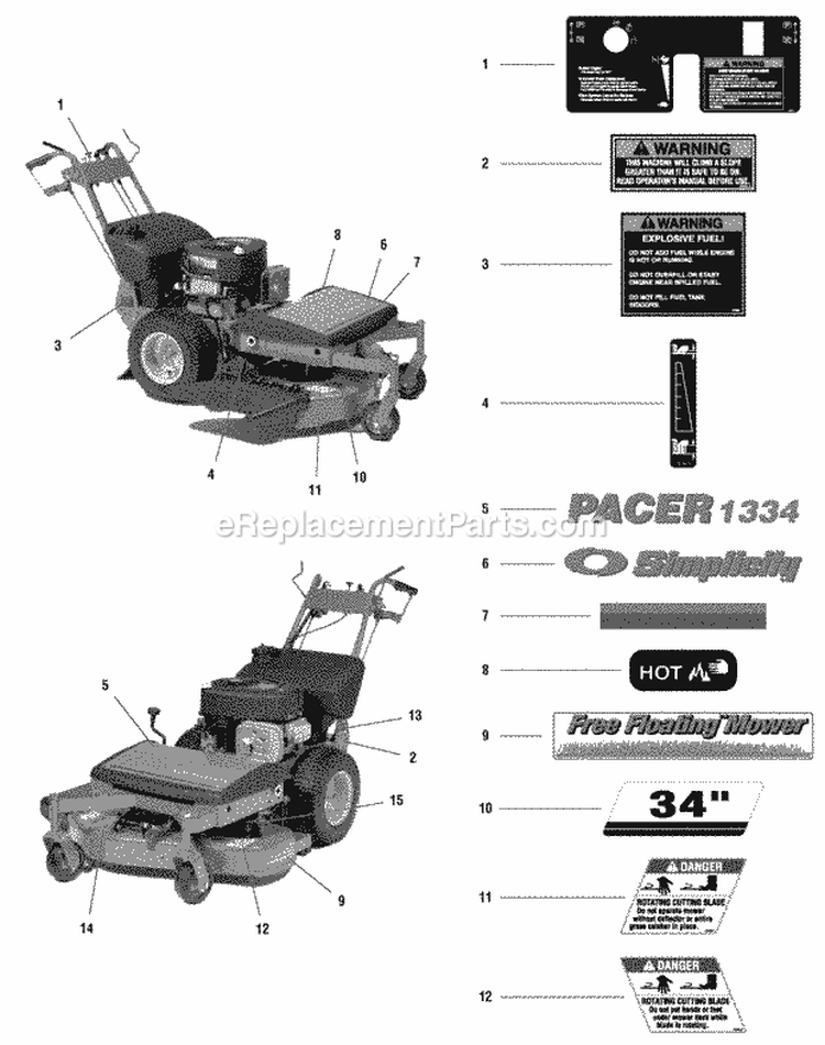 Decals - Brand Model Safety  Instruction (Fi0008) Diagram and Parts List for 1694494  Simplicity Lawn Mower