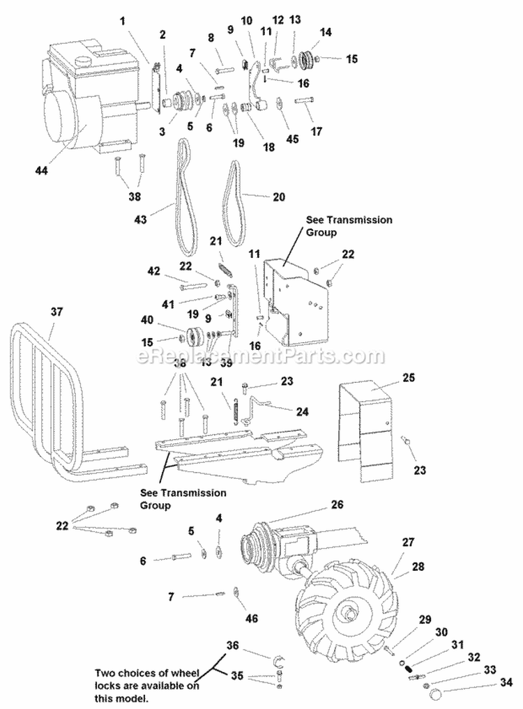 Engine Belts  Wheels Group (986106) Diagram and Parts List for 1694162  Simplicity Tiller