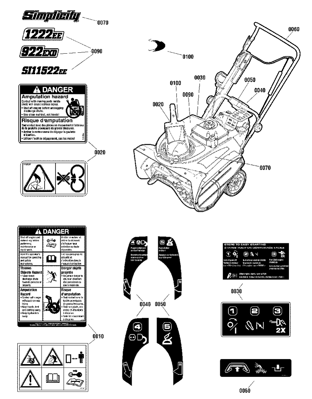 Decals Group Diagram and Parts List for S1222EE 1696517-01 Simplicity Snow Blower