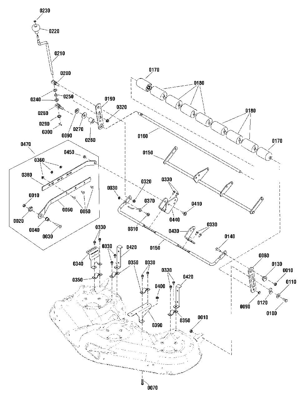 46-Inch Mower Deck - Height Adjustment And Roller Bar Group Diagram and Parts List for 2691014-00  Simplicity Lawn Tractor