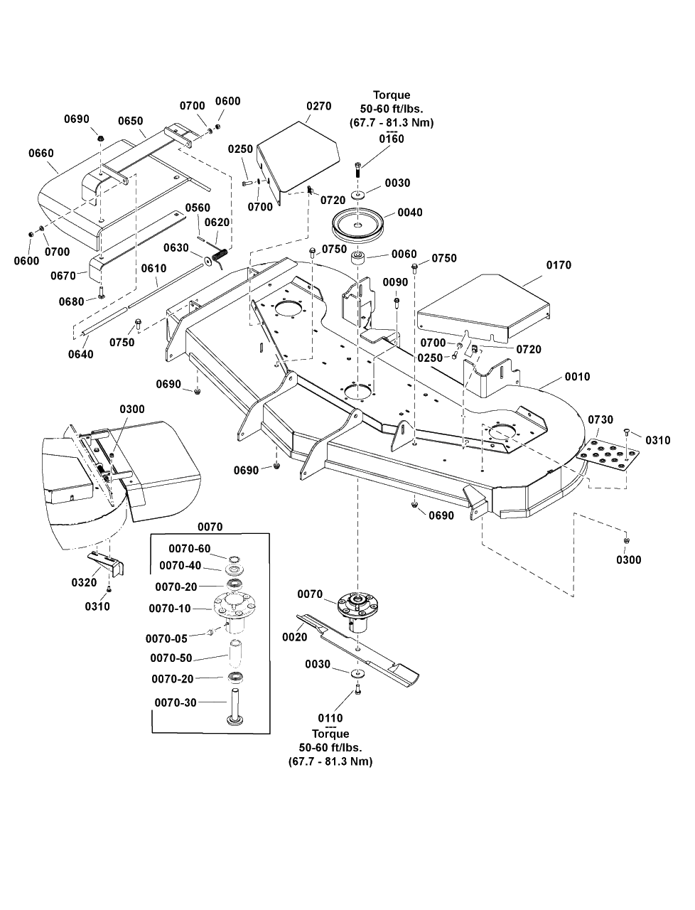 61-Inch Mower Deck - Housing, Arbors And Blade Group Diagram and Parts List for 2691815-01  Simplicity Lawn Tractor