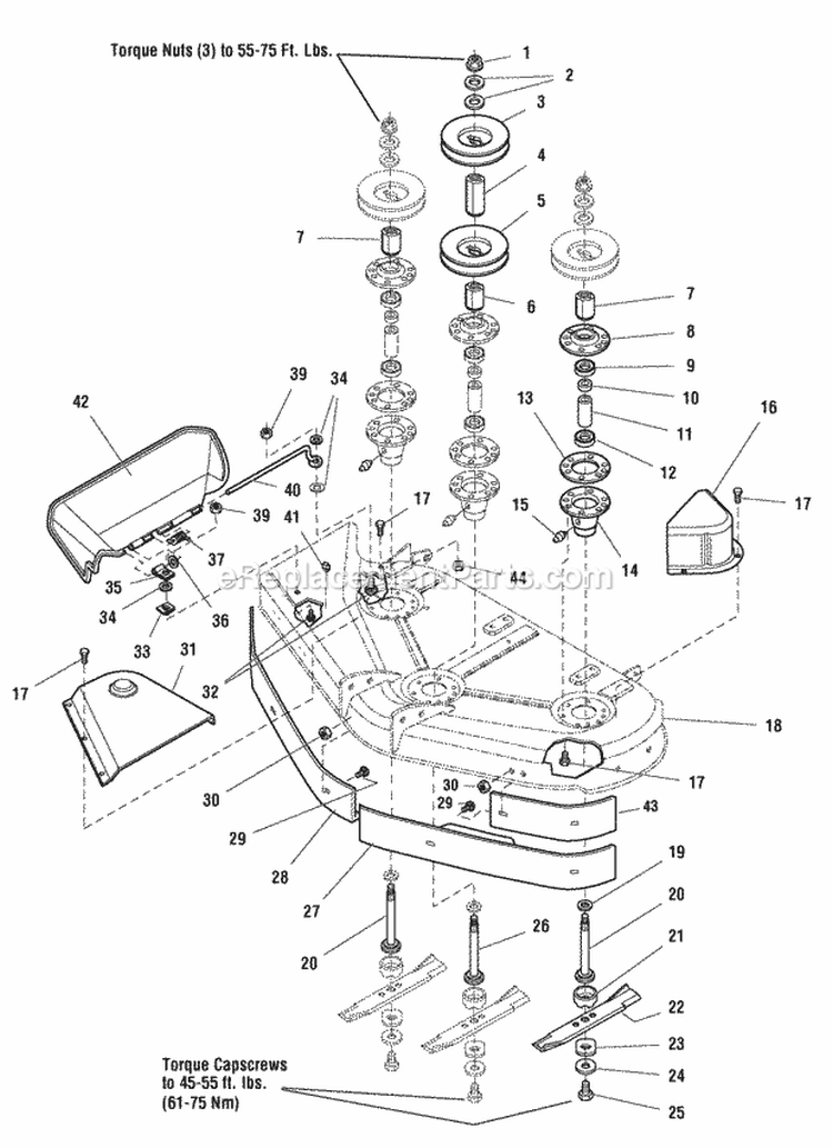 44 Mower Deck - Housing Arbors  Blades (986159 986191 987194 987195) Diagram and Parts List for 1694108  Simplicity Lawn Tractor