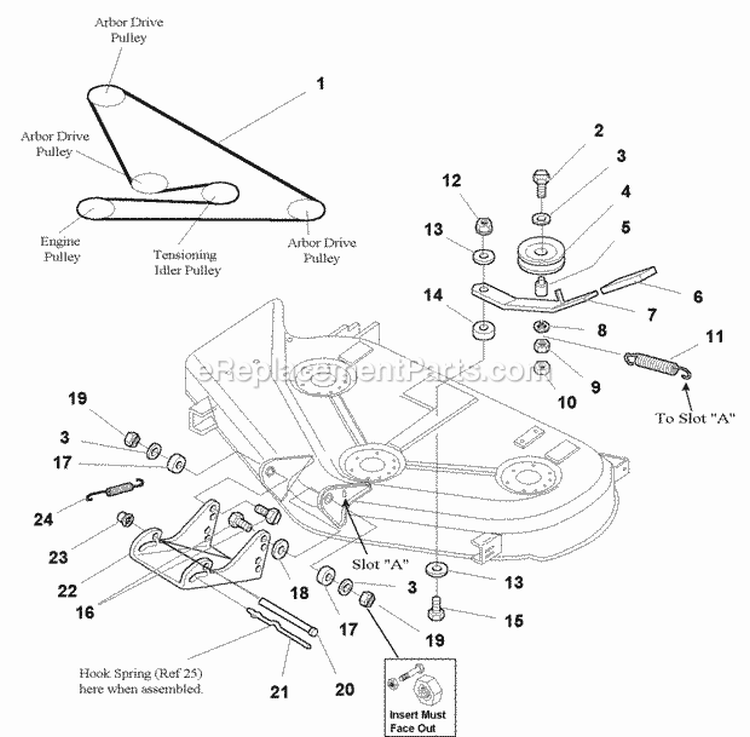 44 Mower Deck - Belt Idler Arm  Hitch Group (985348) Diagram and Parts List for 1693917  Simplicity Lawn Tractor