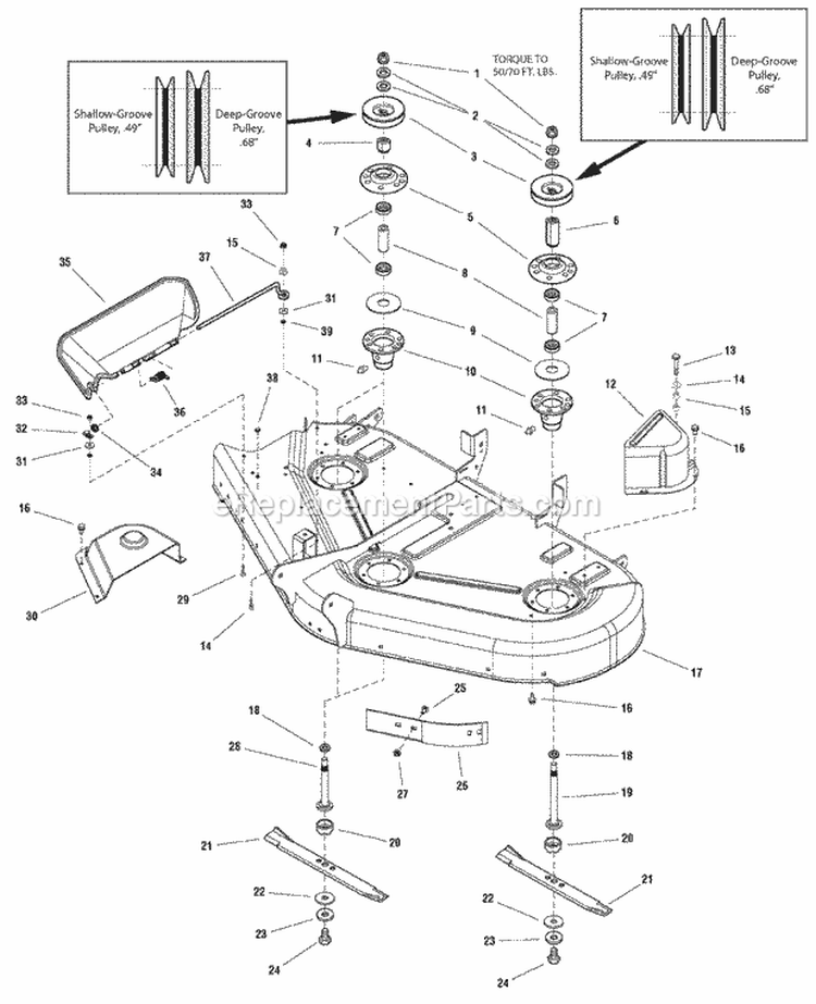 50 Mower Deck - Housing Arbors  Blades Group (987077 987215) Diagram and Parts List for 2690439  Simplicity Lawn Tractor