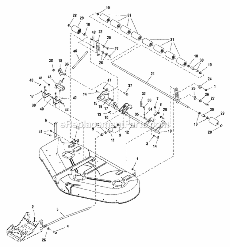 50 Mower Deck - Electric Height Adjustment  Roller Bar Group (2987701) Diagram and Parts List for 2690680  Simplicity Lawn Tractor