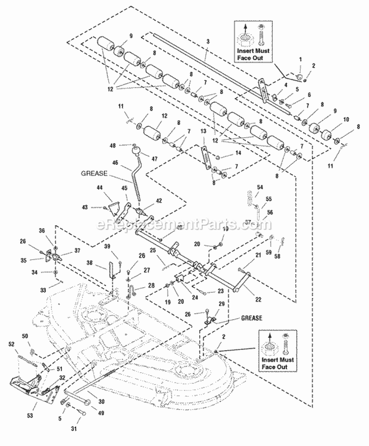 54 Mower Deck - Height Adjustment  Roller Bar Group (985975) Diagram and Parts List for 1693972  Simplicity Lawn Tractor