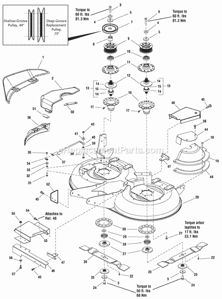 40 Mower Deck - Housing Arbors  Blades Group (987296 2988030) Diagram and Parts List for 2690861  Simplicity Lawn Tractor