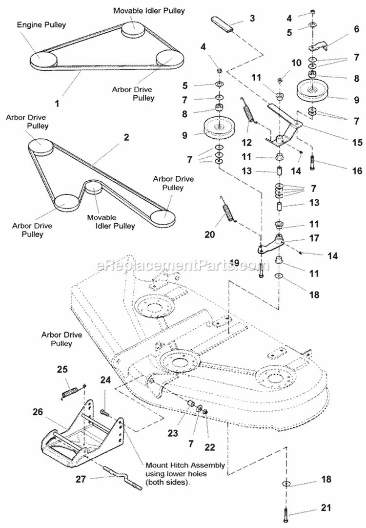 44  50 Mower Deck - Clutch  Support Group (2983858 2984271) Diagram and Parts List for 1693858  Simplicity Lawn Tractor