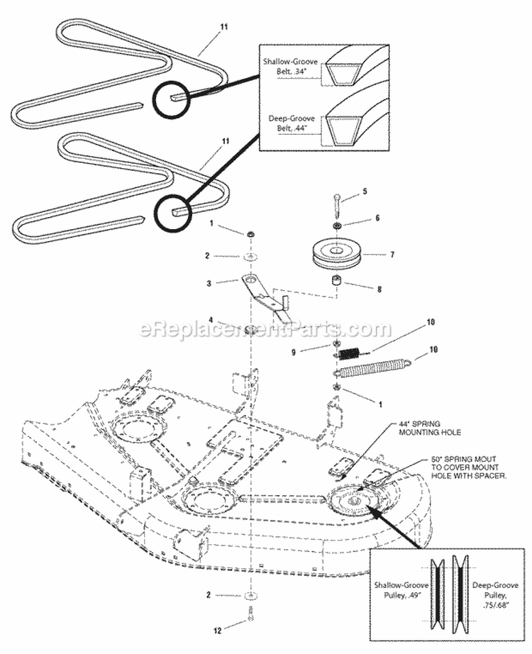 44  50 Mower Deck - Belt Idler Arm  Hitch Group (987079 987080 987351 987462 987463) Diagram and Parts List for 2690493  Simplicity Lawn Tractor