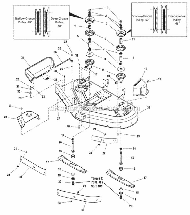 44 Mower Deck - Housing Arbors  Blades Group (987450 987451 987453 987454) Diagram and Parts List for 2690967-01  Simplicity Lawn Tractor