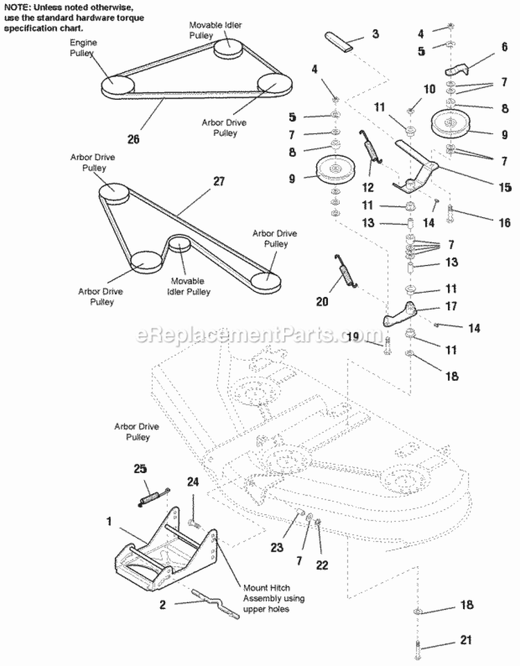 44  50 Mower Deck - Belt Pulley  Hitch Group (983858B) Diagram and Parts List for 2690651  Simplicity Lawn Tractor
