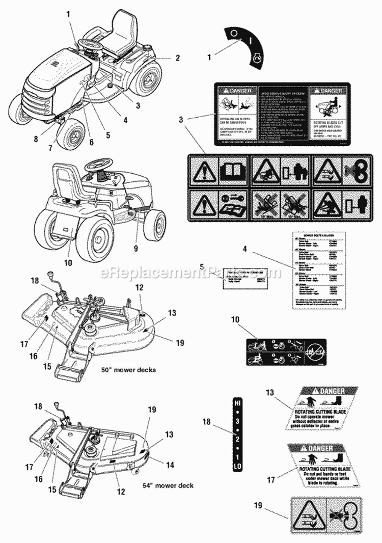 Decals Group - Safety  Common (C987475 987476 987477 987494 987495 987497 987498 990381) Diagram and Parts List for 2691057-00  Simplicity Lawn Tractor
