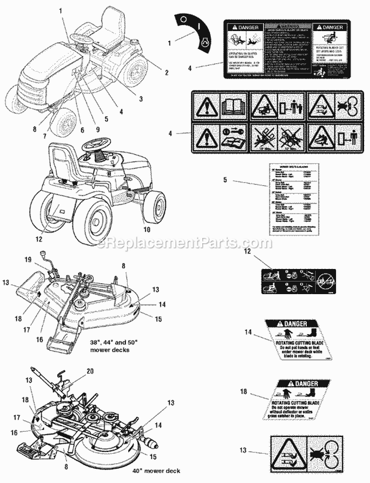 Decals - Safety  Common (C986614 986615 986618 986621 986669 986774 986852 986903 986905 986983 987205 987684 987685 988407 988590 988853 989121) Diagram and Parts List for 1694632  Simplicity Lawn Tractor
