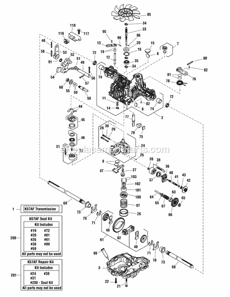 Transmission Service Parts - Tuff Torq K57Af (1755450) Diagram and Parts List for 2691124-00  Simplicity Lawn Tractor