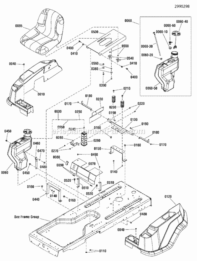 Seat Body  Fuel Tank Group (2990298) Diagram and Parts List for 2691036-00  Simplicity Lawn Tractor