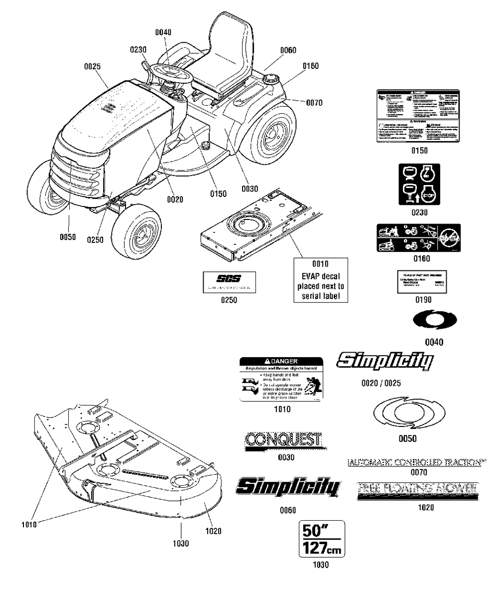 Decals Group Diagram and Parts List for 2691338-03  Simplicity Lawn Tractor