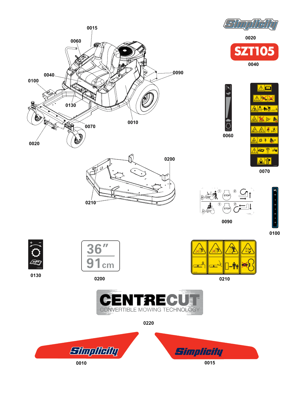 Decals Group Diagram and Parts List for SZT105 2692021-00 Simplicity Lawn Tractor