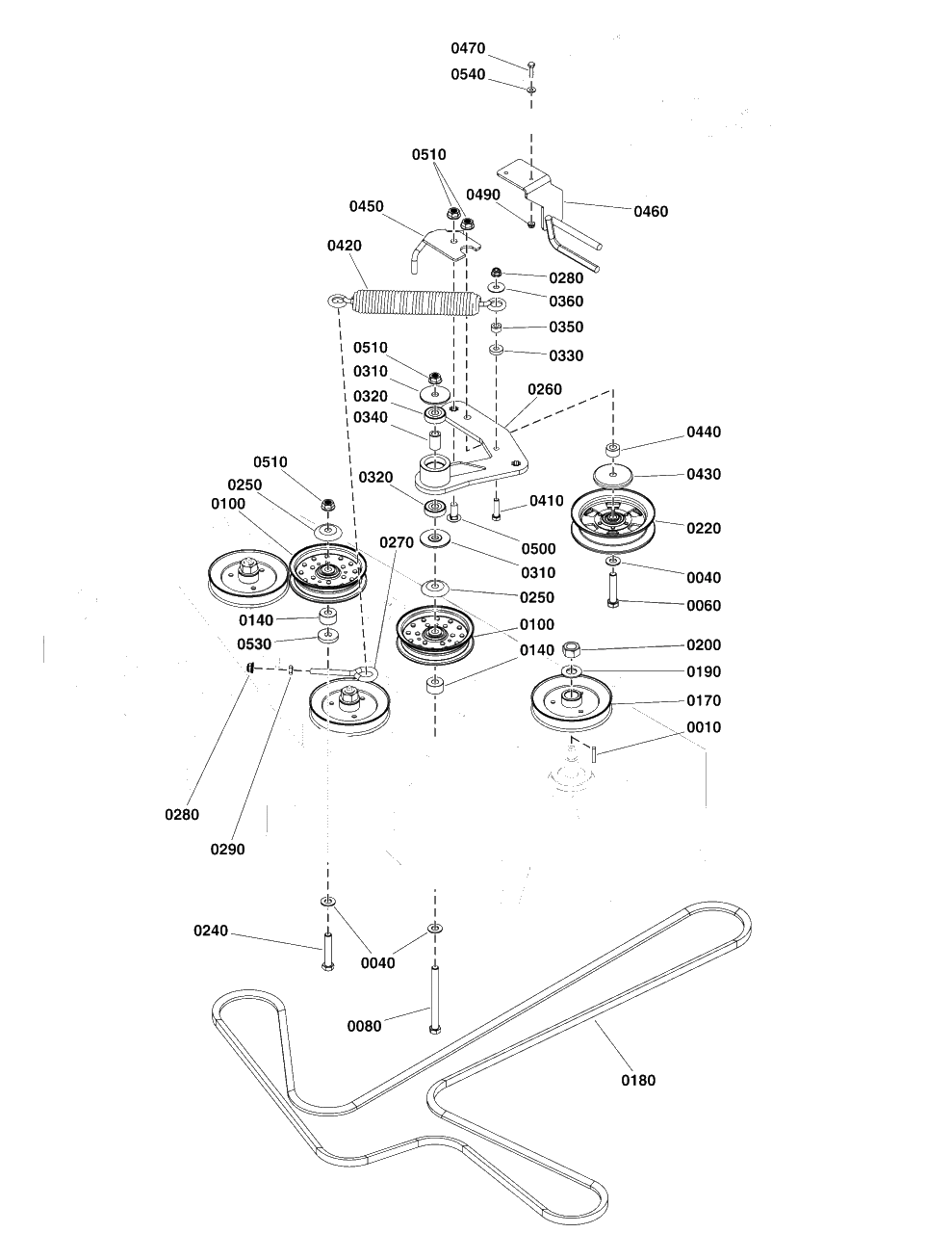 52-Inch Mower Deck Group - Pulleys, Belt And Idler Arm Diagram and Parts List for 5901743  Simplicity Lawn Tractor