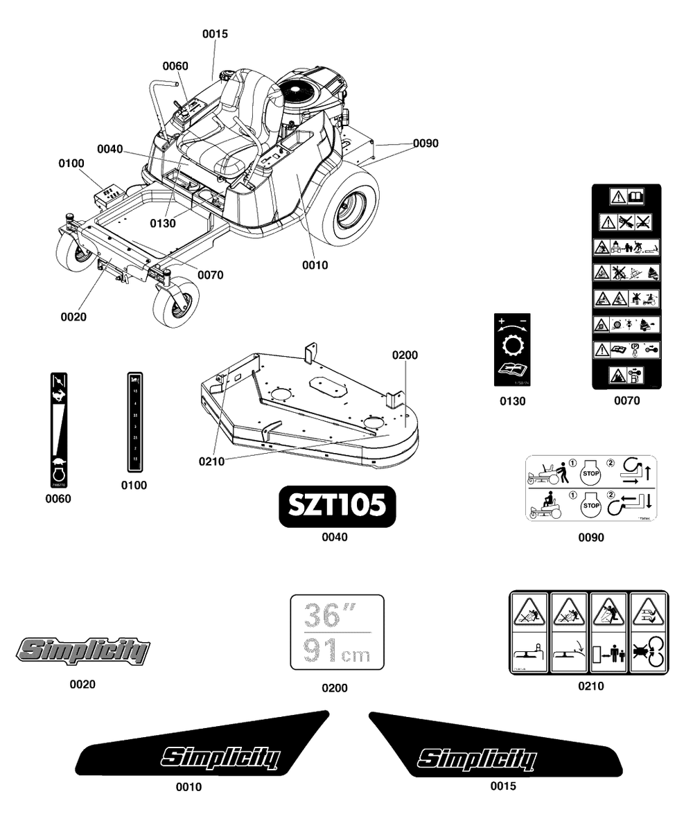 Decals Group Diagram and Parts List for SZT105 2691691-01 Simplicity Lawn Tractor