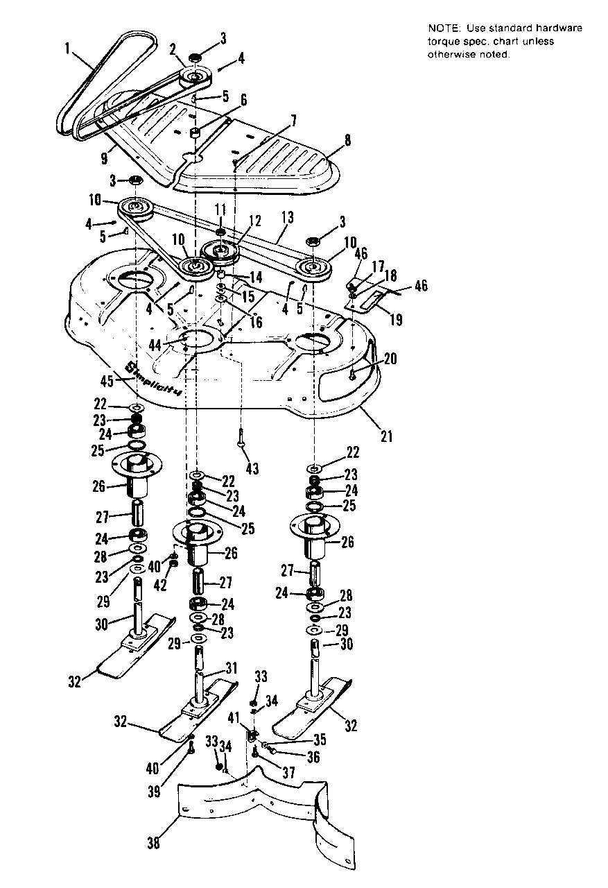 32-Inch Mower Housing And Arbor Group Diagram and Parts List for 606SPECIAL 990332 Simplicity Lawn Tractor