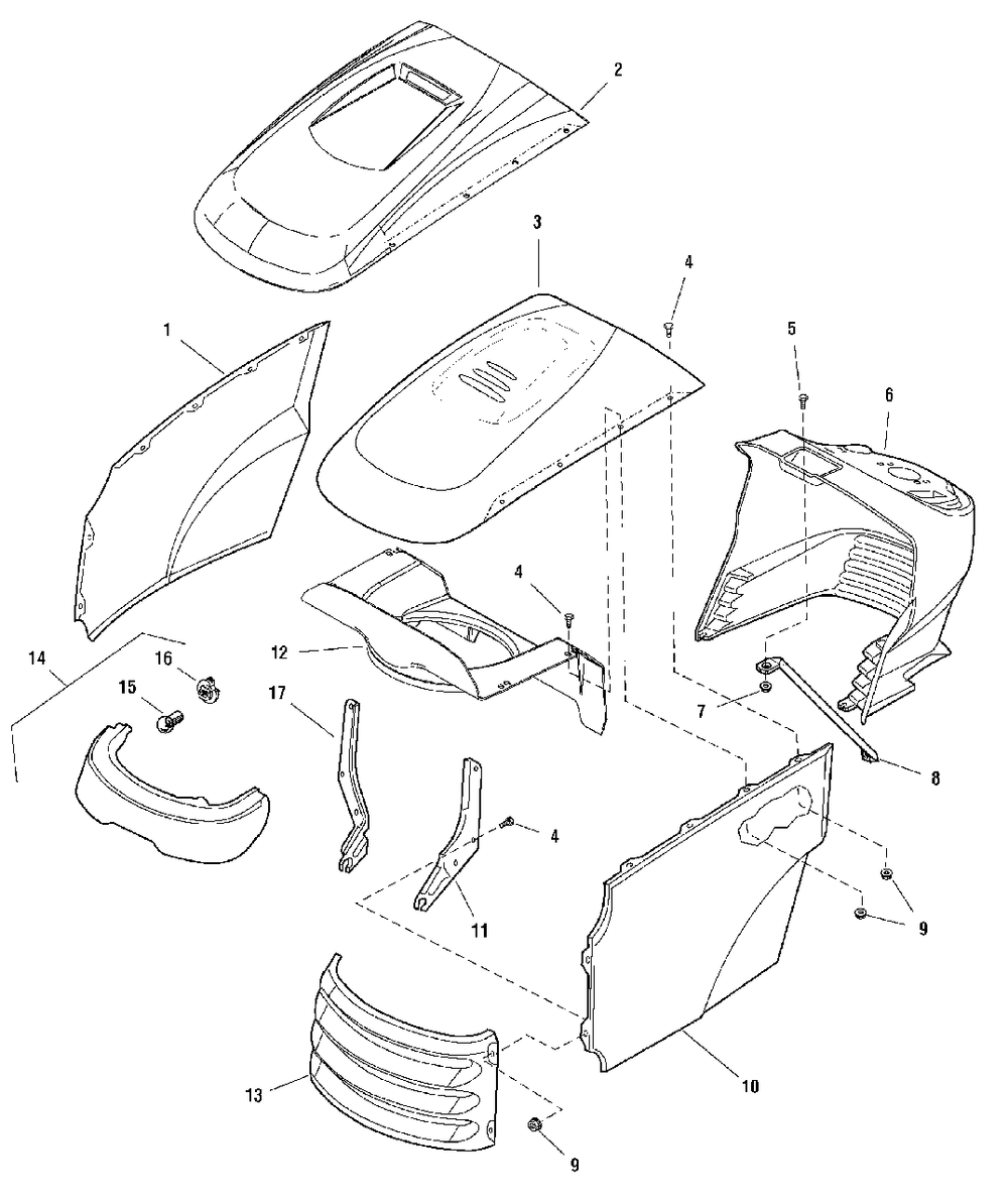 Hood, Grille And Dash Group (986608 986609 986610 987167 987168 987169 989136 990098 Diagram and Parts List for 2690947-00  Simplicity Lawn Tractor