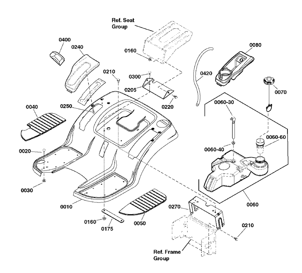 Seat Deck And Fuel Tank Group Diagram and Parts List for 2691668-02  Simplicity Lawn Tractor
