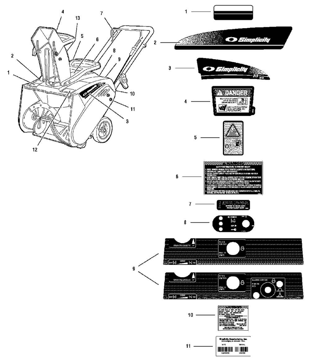Decals Group (026dcl) Diagram and Parts List for 319M 1694583 Simplicity Snow Blower