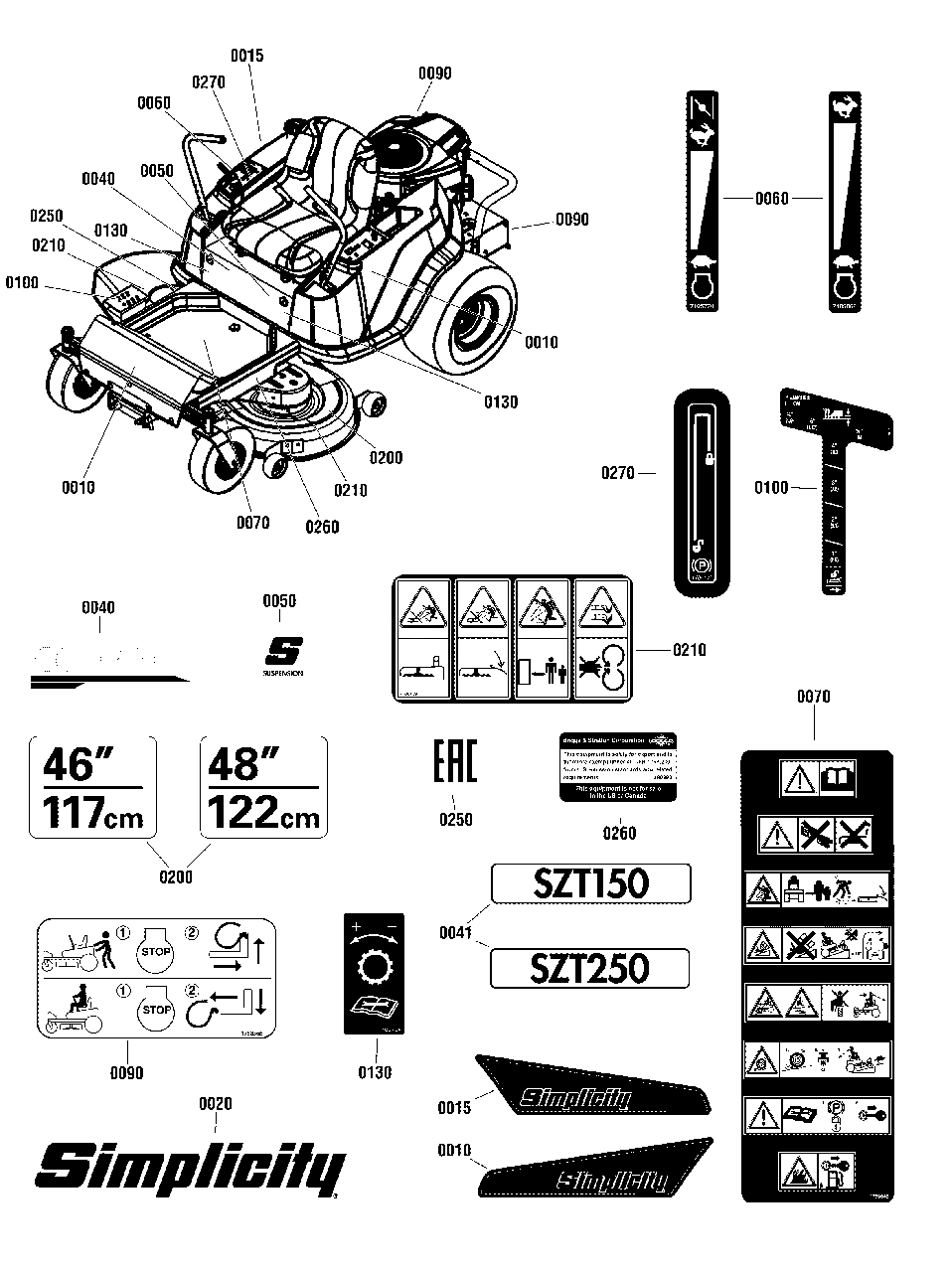 Decals Group Diagram and Parts List for SZT150 2691693-00 Simplicity Lawn Tractor