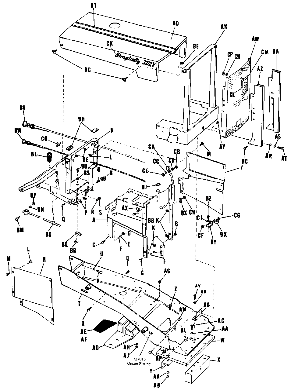 Frame, Hood, Grill, And Inst. Panel Diagram and Parts List for 3212V 990571 Simplicity Lawn Tractor