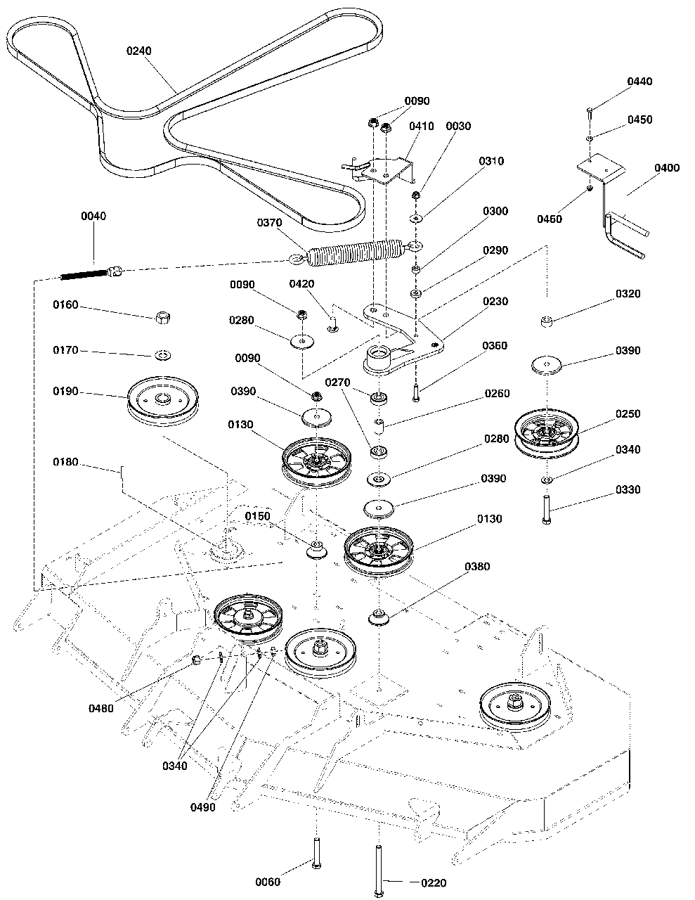 61-Inch Mower Deck - Pulleys, Belt, And Idler Arm Diagram and Parts List for 5901744  Simplicity Lawn Tractor