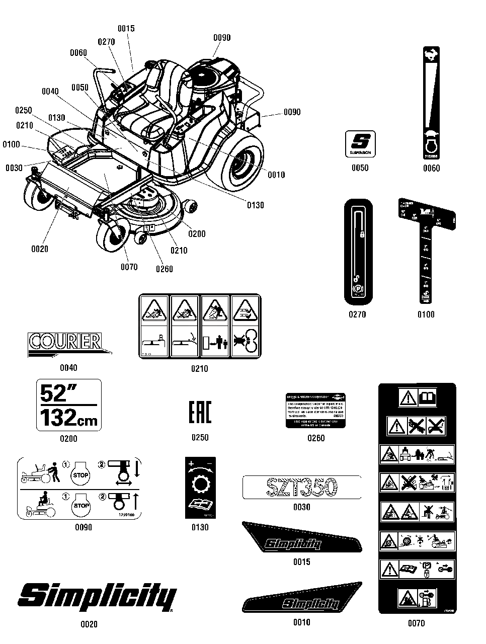 Decals Group Diagram and Parts List for SZT350 2691411-02 Simplicity Lawn Tractor