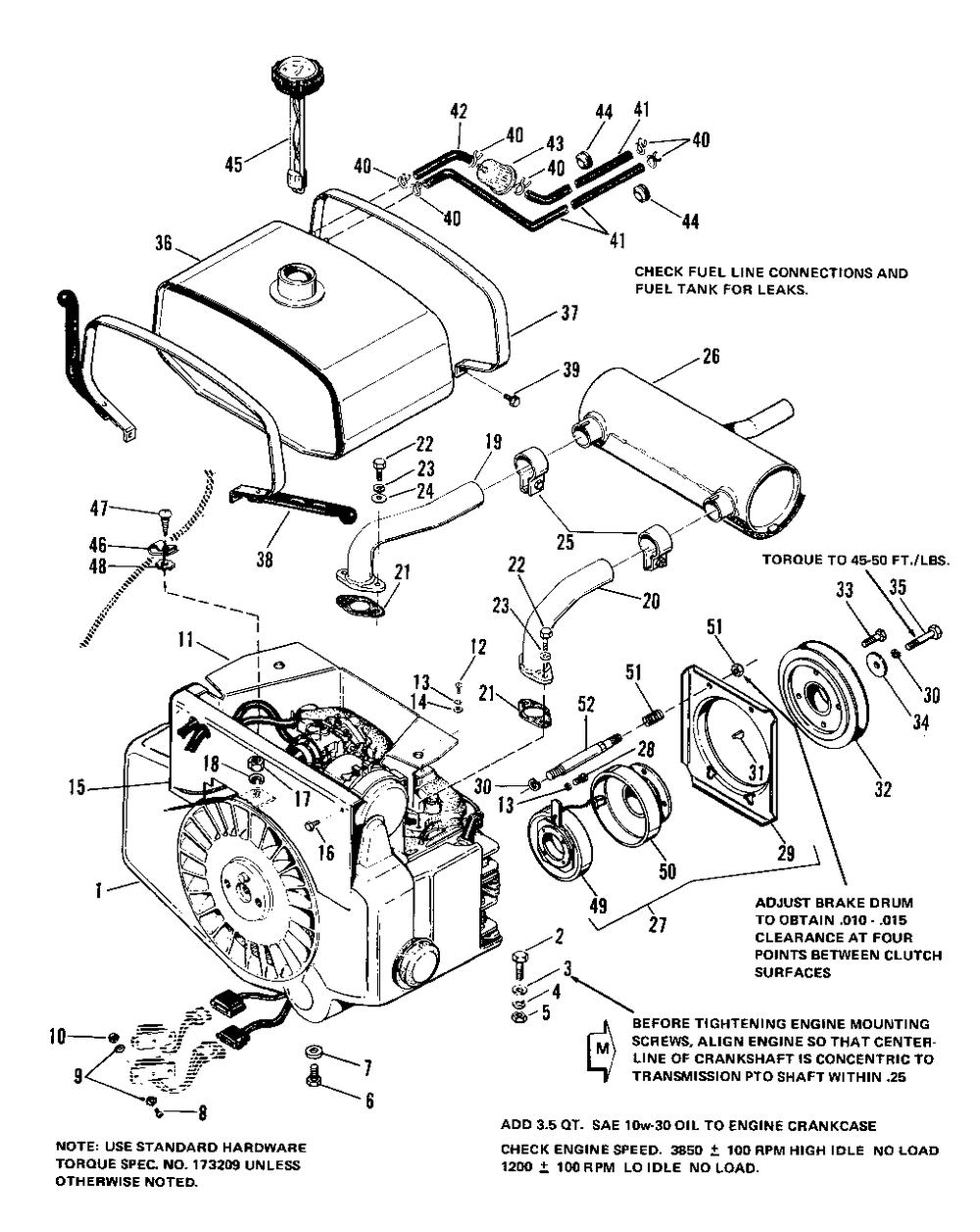 Engine, Front Clutch And Fuel Group Diagram and Parts List for 9020 1690283 Simplicity Lawn Tractor
