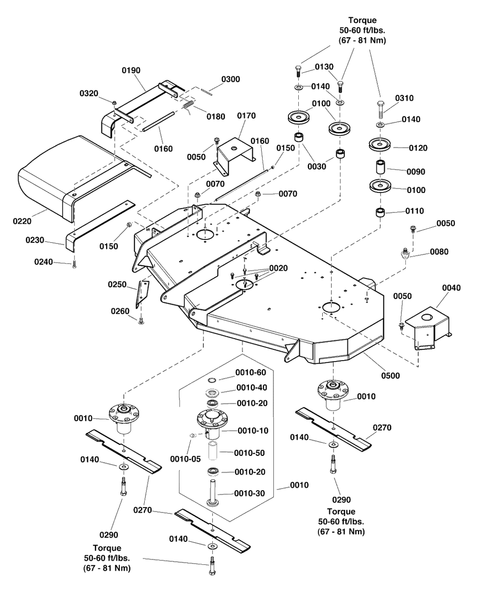 52-Inch (132cm) Mower Deck - Housing, Arbors And Blades Group Diagram and Parts List for 2691674-00  Simplicity Lawn Tractor