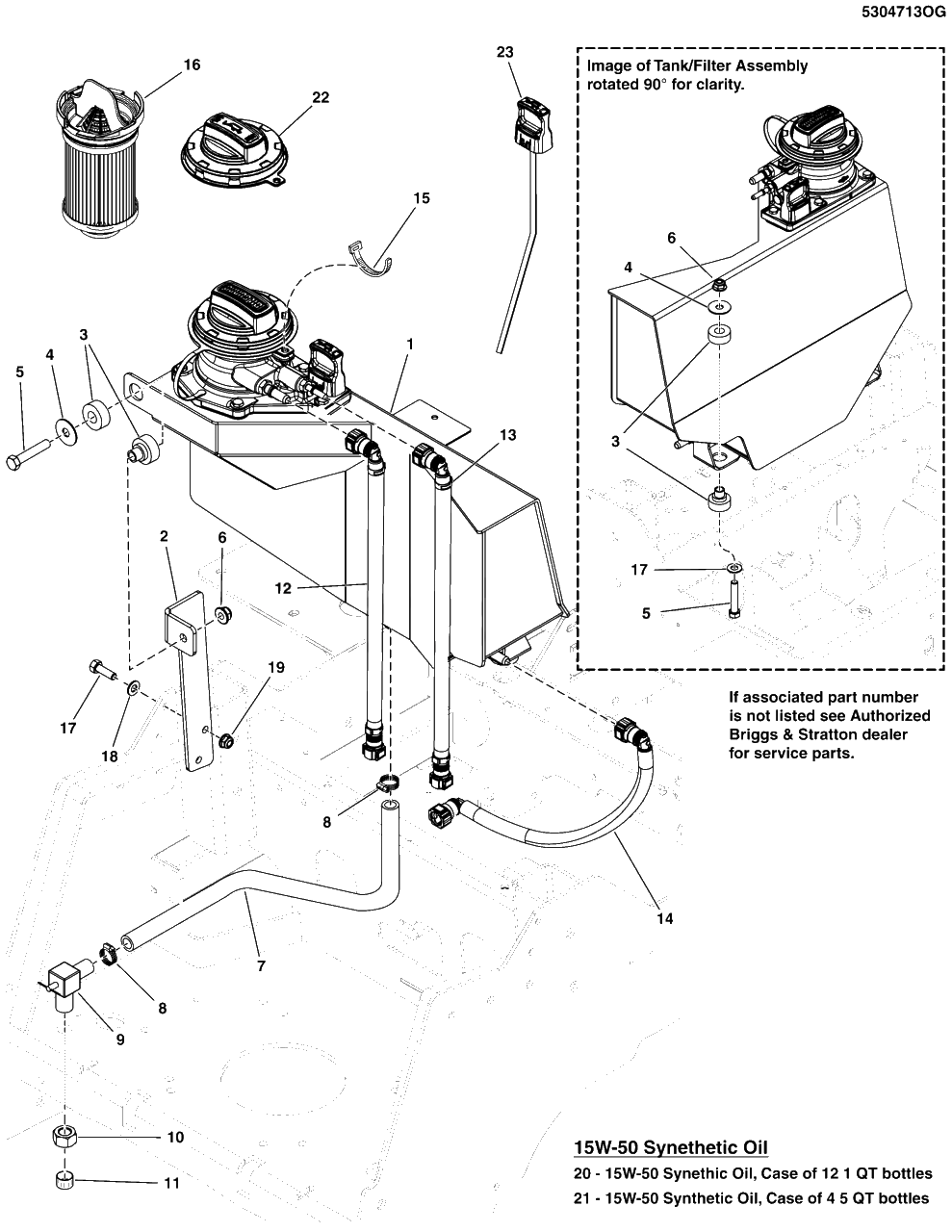 Engine Remote Oil Tank, Hoses, And Mount Group Diagram and Parts List for 5901748  Simplicity Lawn Tractor
