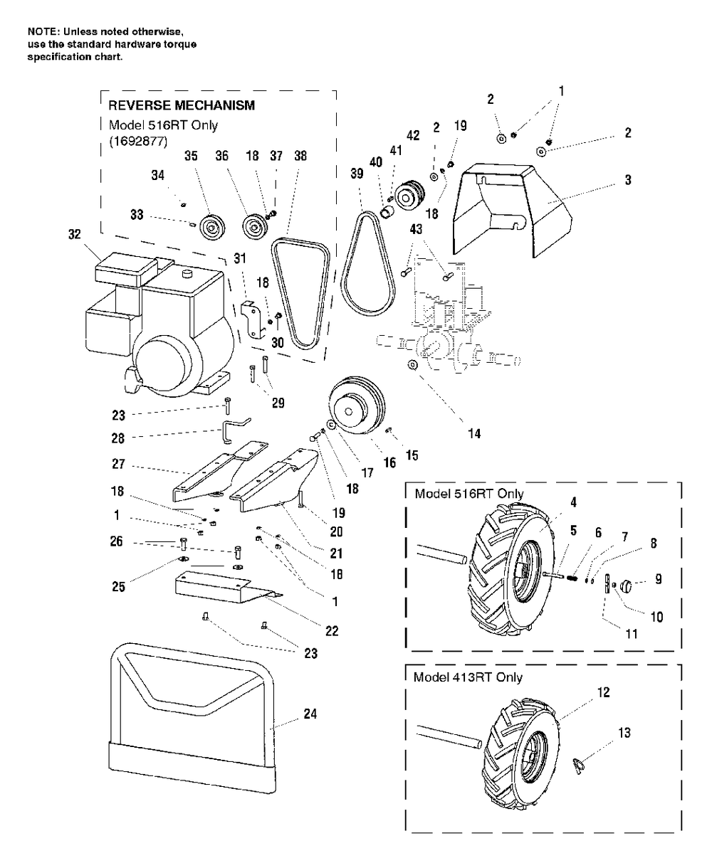 Engine Mounting, Belts And Wheels Diagram and Parts List for 516RT 1692877 Simplicity Tiller