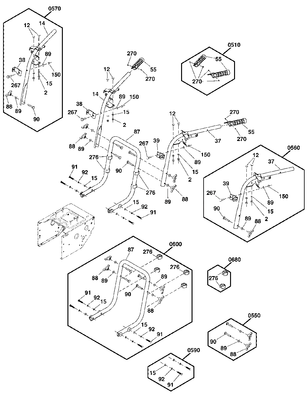 Handles Group Diagram and Parts List for SELECT1527 1696821-02 Simplicity Snow Blower