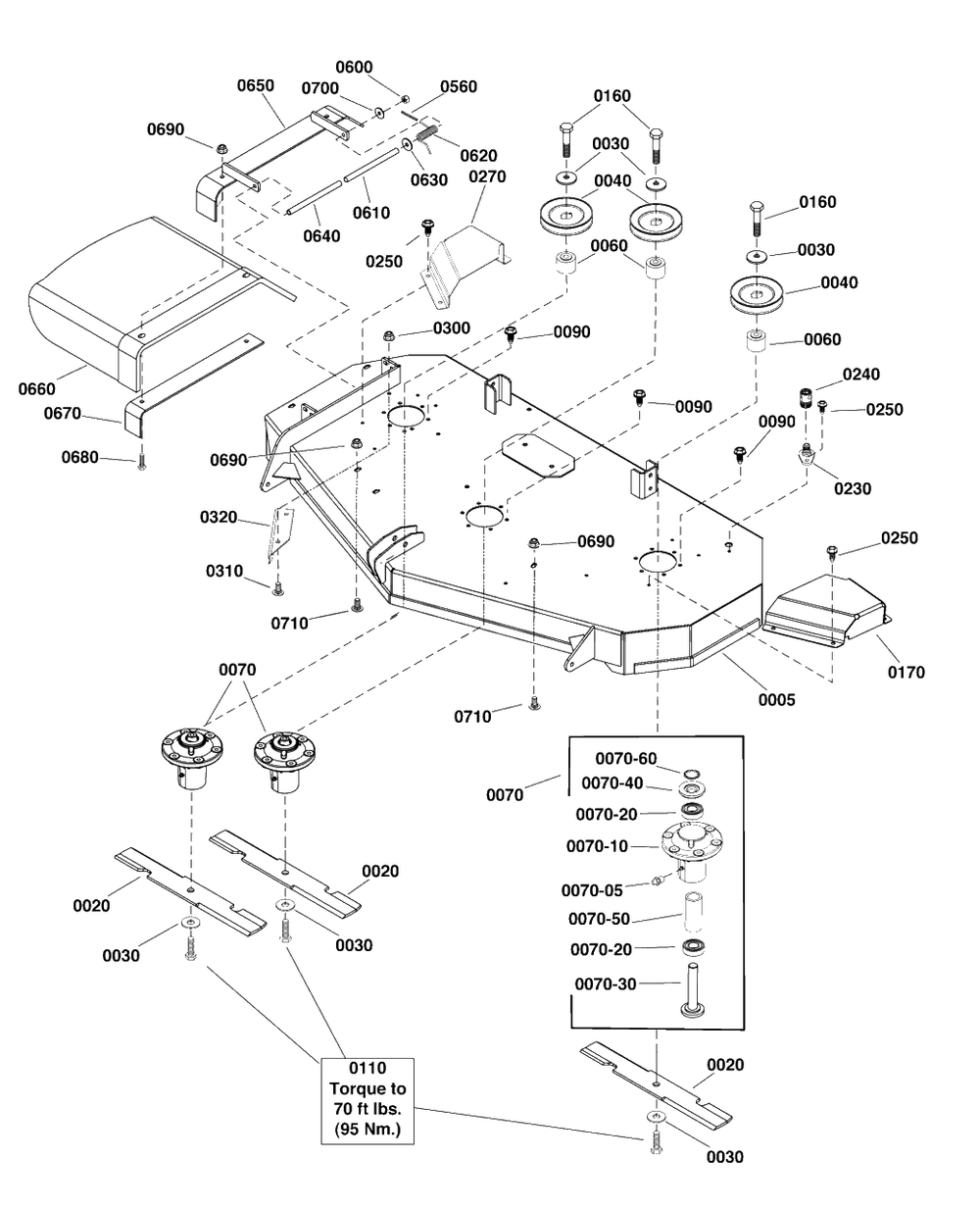 52-Inch (132cm) Mower Deck - Housing, Arbors And Blades Group Diagram and Parts List for 2691661-01  Simplicity Lawn Tractor