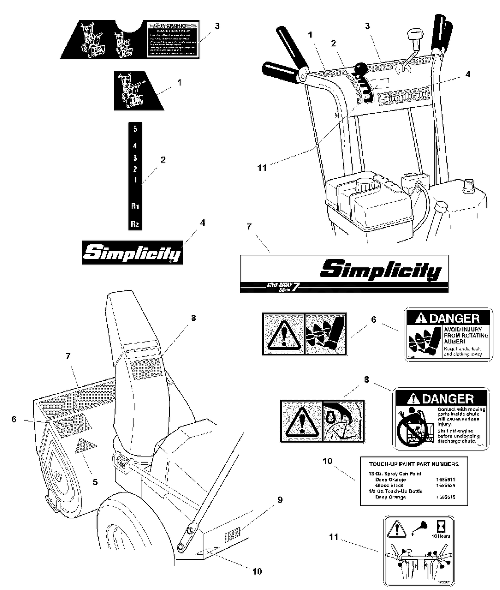 Decals Group - 860 Diagram and Parts List for 860E 1694242 Simplicity Snow Blower