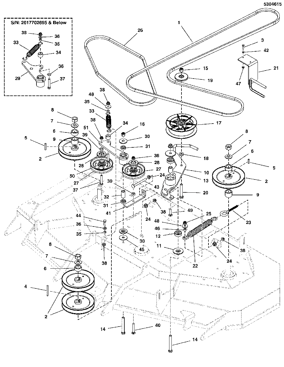 61-Inch Mower Deck Group - Pulleys, Belts And Idler Arms - 2-Belt System Diagram and Parts List for 5901748  Simplicity Lawn Tractor