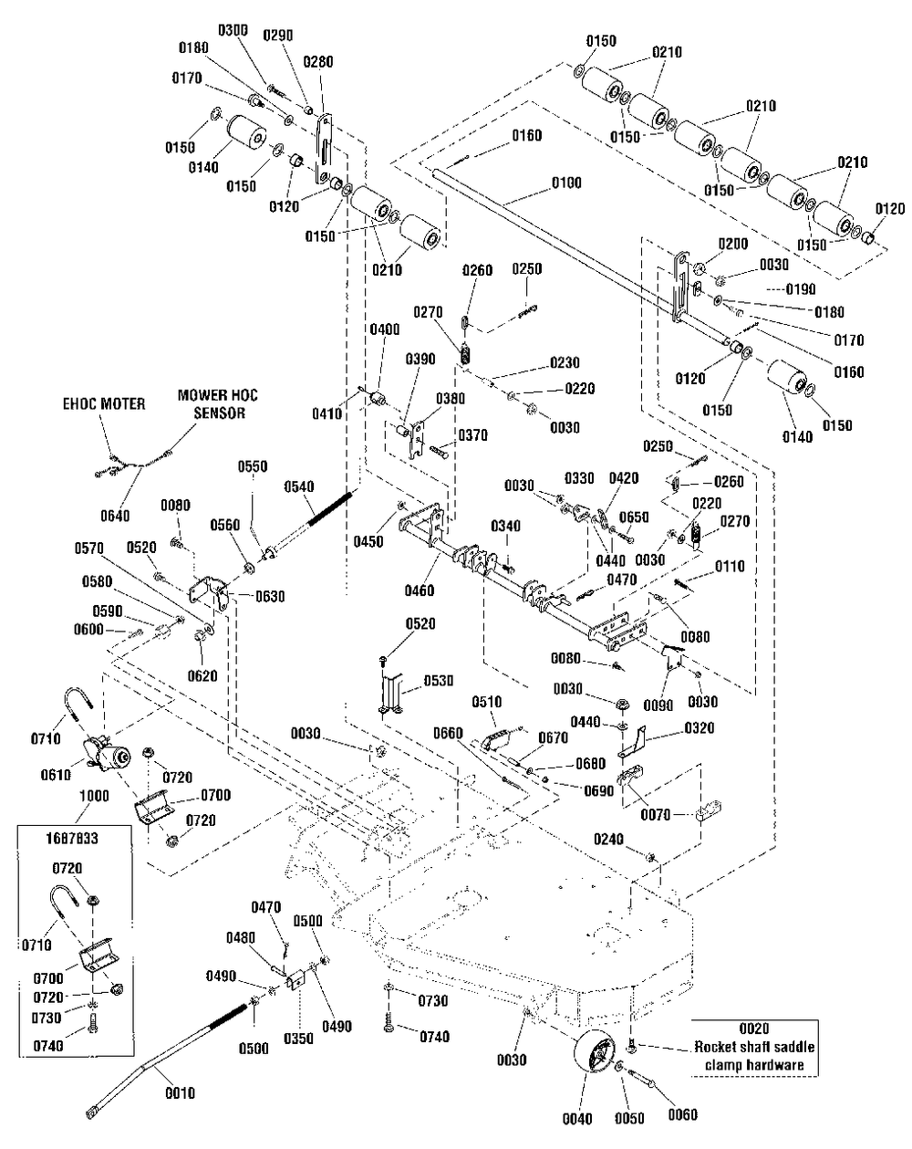 52-Inch (132cm) Mower Deck - Height Adjust And Roller Group Diagram and Parts List for 1696309-00  Simplicity Lawn Tractor Accessories