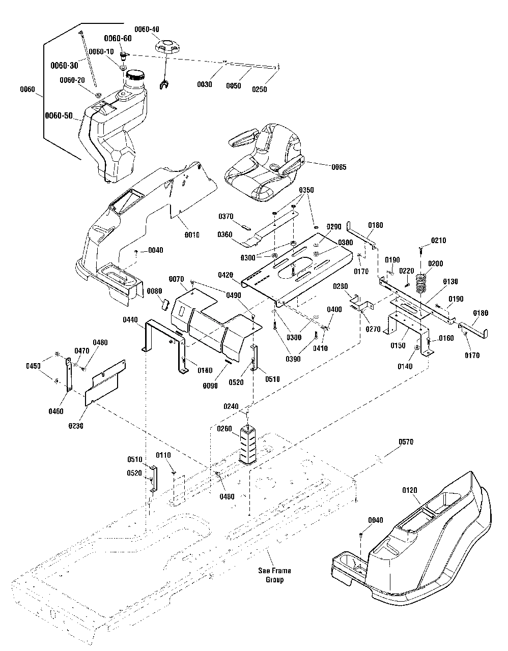 Seat, Body And Fuel Tank Group Diagram and Parts List for ZT21546 2691140-00 Simplicity Lawn Tractor