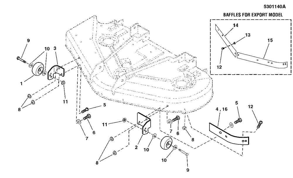 44-Inch And 50-Inch Mower Deck - Front Rollers And Baffles Diagram and Parts List for 2650 5900705 Simplicity Lawn Tractor