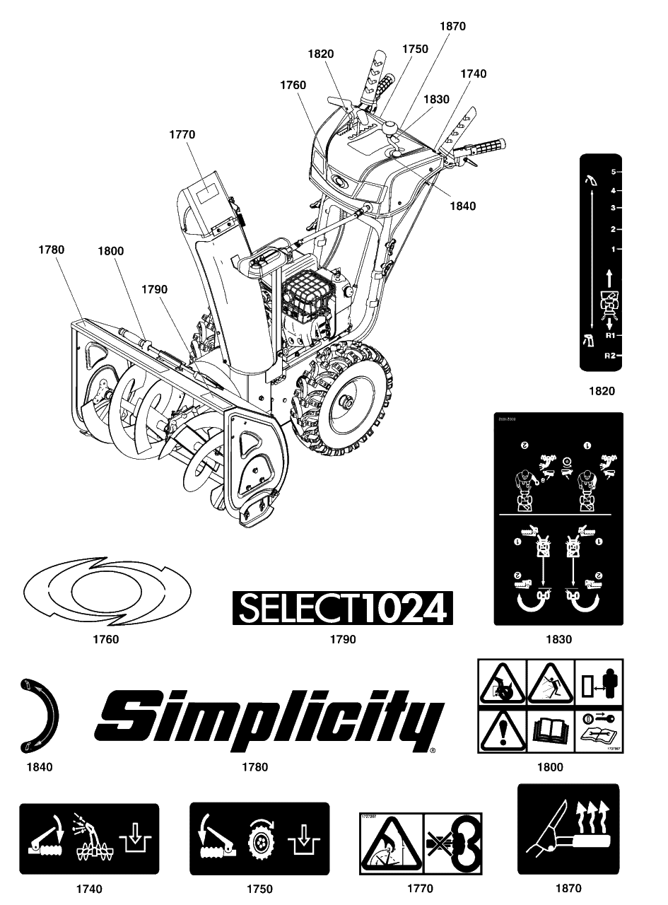Decals Group Diagram and Parts List for SELECT1024 1696813-03 Simplicity Snow Blower