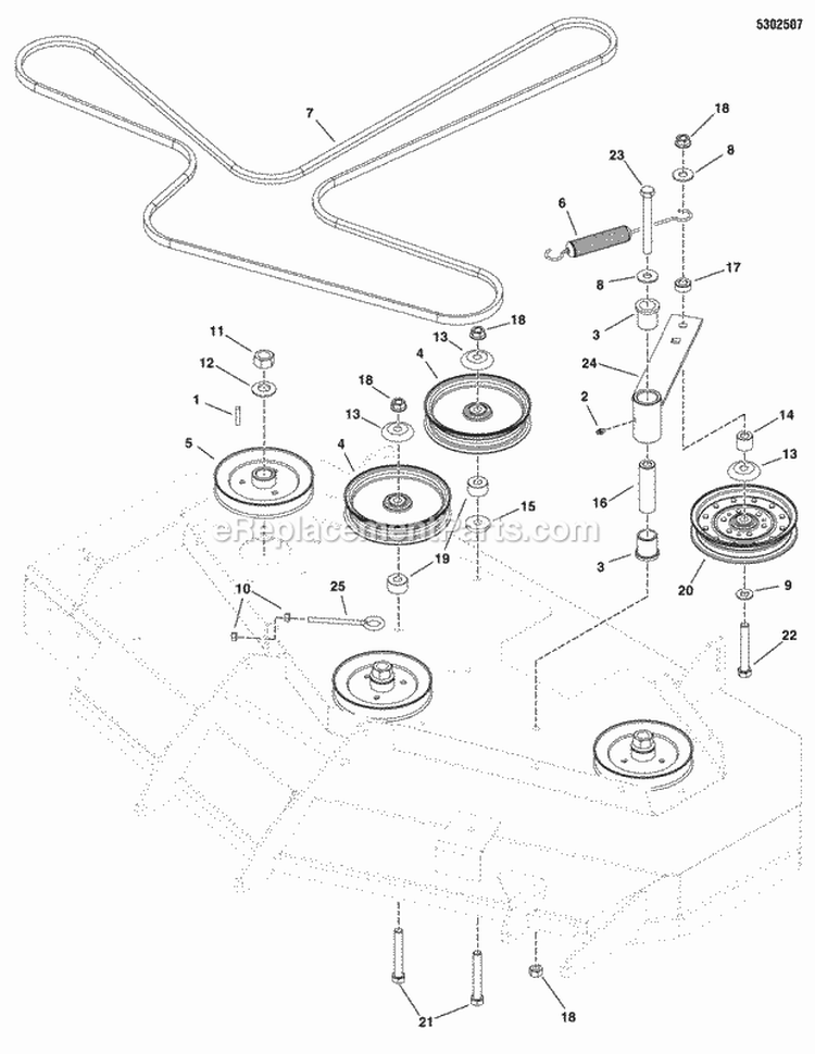 52 Mower Deck - Pulleys Belts  Idler Arm Diagram and Parts List for 5900530  Simplicity Lawn Tractor