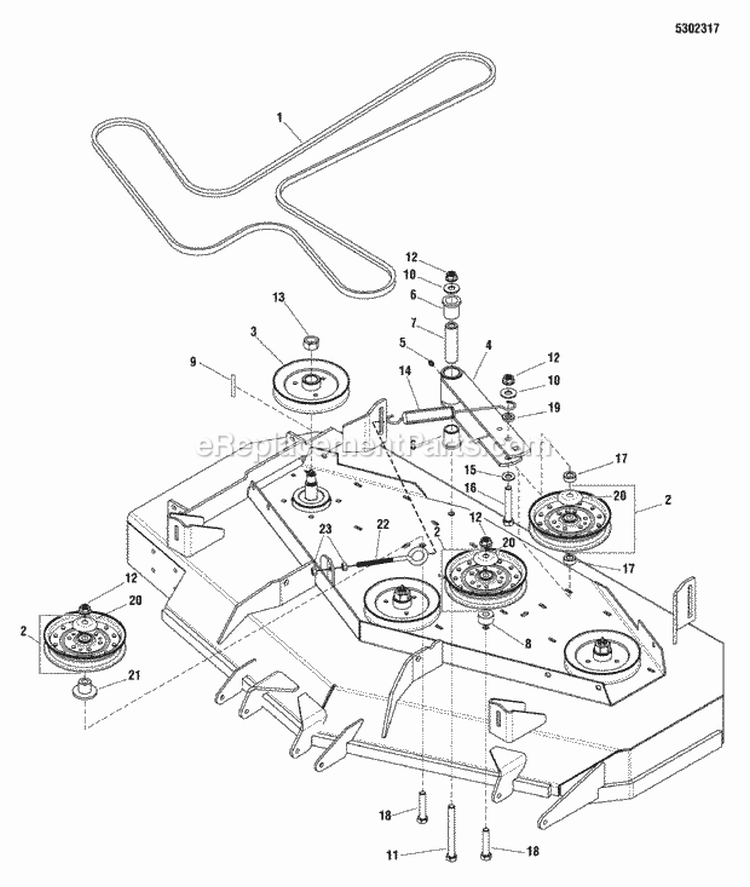 52 Mower Deck - Pulleys Belt  Idler Arm Diagram and Parts List for 5900954  Simplicity Lawn Tractor