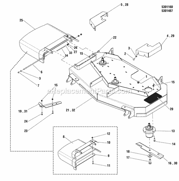 44  48 Mower Deck - Housing Covers Spindles  Blades Group Diagram and Parts List for 5900765  Simplicity Lawn Tractor