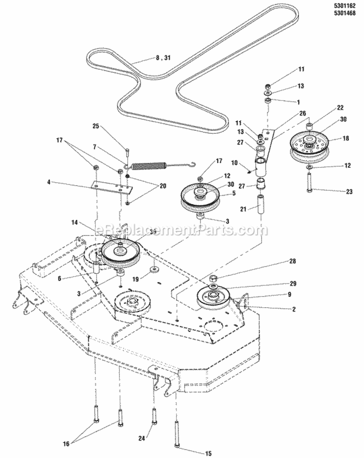 44  48 Mower Deck - Pulleys Belts  Idler Arm Group Diagram and Parts List for 5900765  Simplicity Lawn Tractor