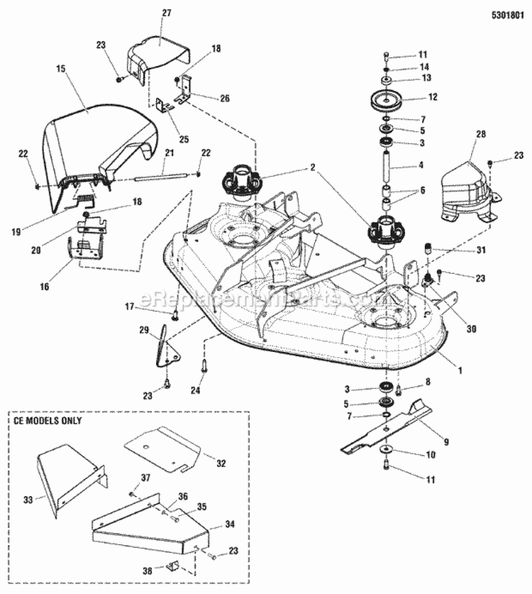 52 Mower Deck - Housing Covers Spindles  Blades Group Diagram and Parts List for 5900774  Simplicity Lawn Tractor